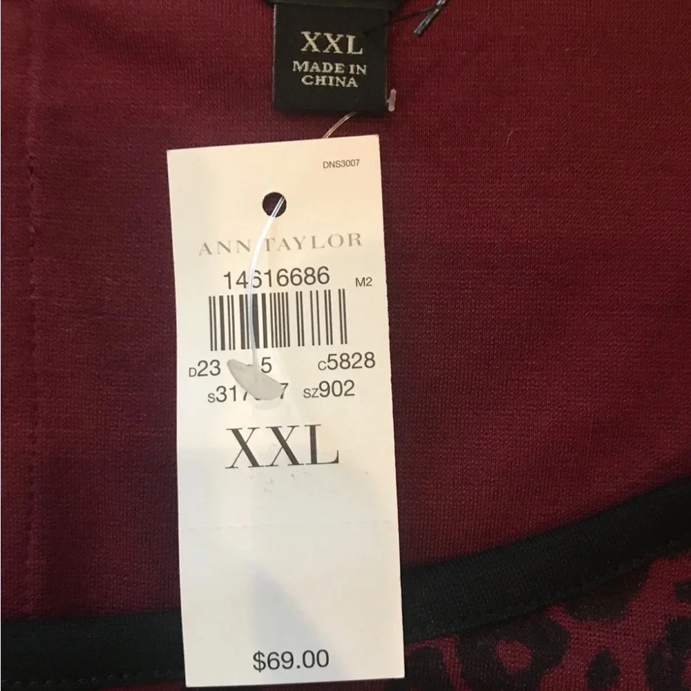 Ann Taylor Womans XXL Burgundy Wine Black Animal Print Top Blouse Zipper NWT $69